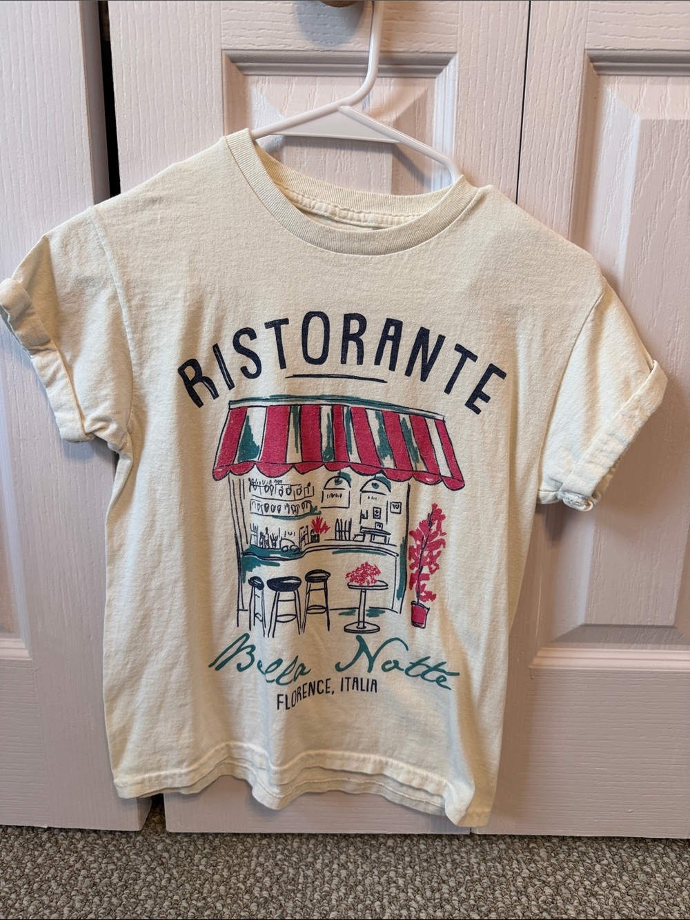 Anthropologie Cream Tee with Red & Teal Cafe Graphic